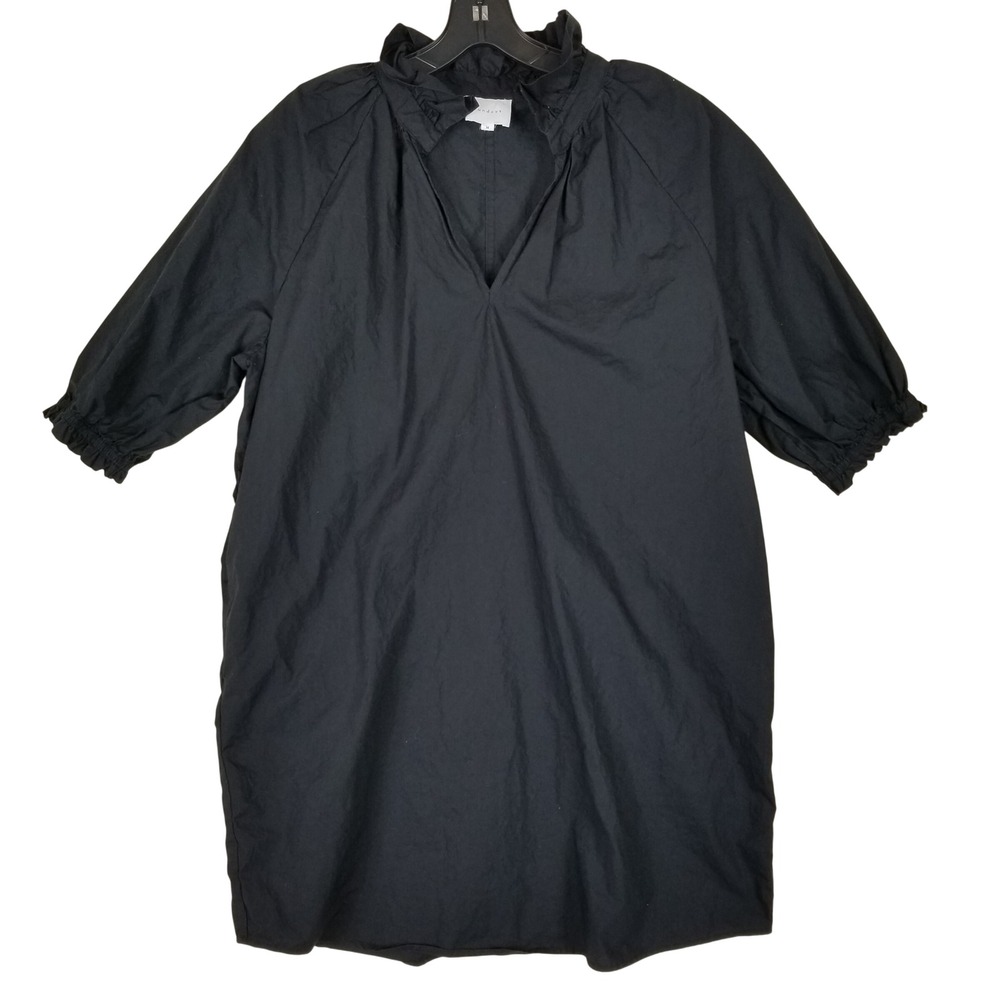Sundays Black Ruffle Neck V-Neck Shift Dress Womens Medium Raglan Sleeve Mini
